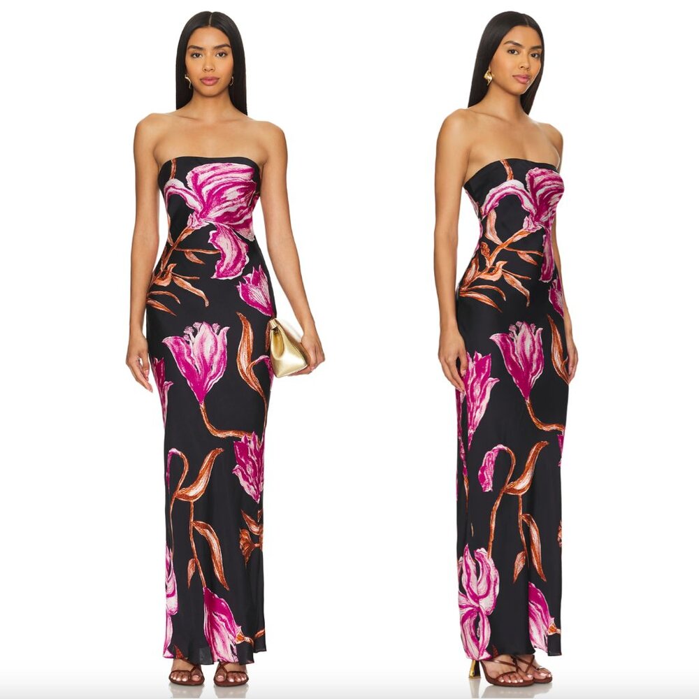 NEW ROCOCO SAND Maxi Strapless Maxi Dress Black & Pink Flower Satin Formal Gown